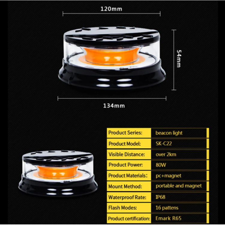 80W Πορτοκαλί μαγνητικός φάρος COB LED 12/24V Strobe