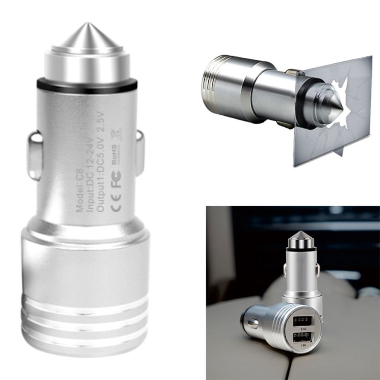 Φορτιστής αναπτήρα αυτοκινήτου 2.1A με 2 Usb & σφυρί ασφαλείας