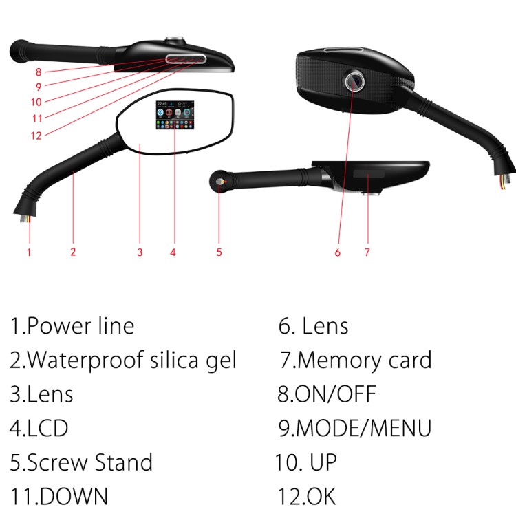 Σετ καταγραφικού καθρέφτη μοτοσυκλέτας Full-HD IP68 Οθόνη 2.7 με 2 κάμερες