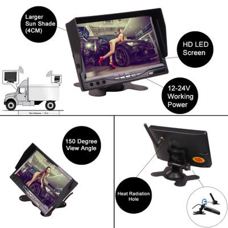 Οθόνη μόνιτορ LCD 7 TFT 12/24V με ασύρματη κάμερα νυχτερινής όρασης φορτηγού