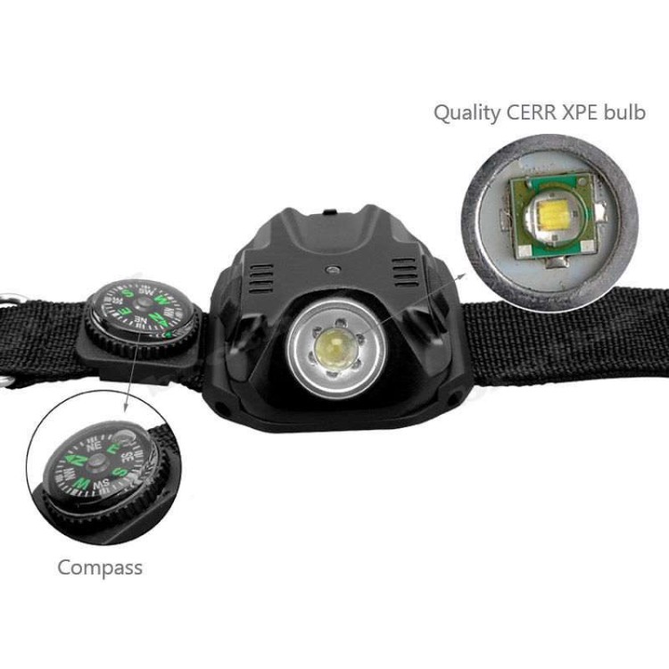 Ισχυρός φακός επαναφορτιζόμενος Led Q5 καρπού βραχιόλι με πυξίδα